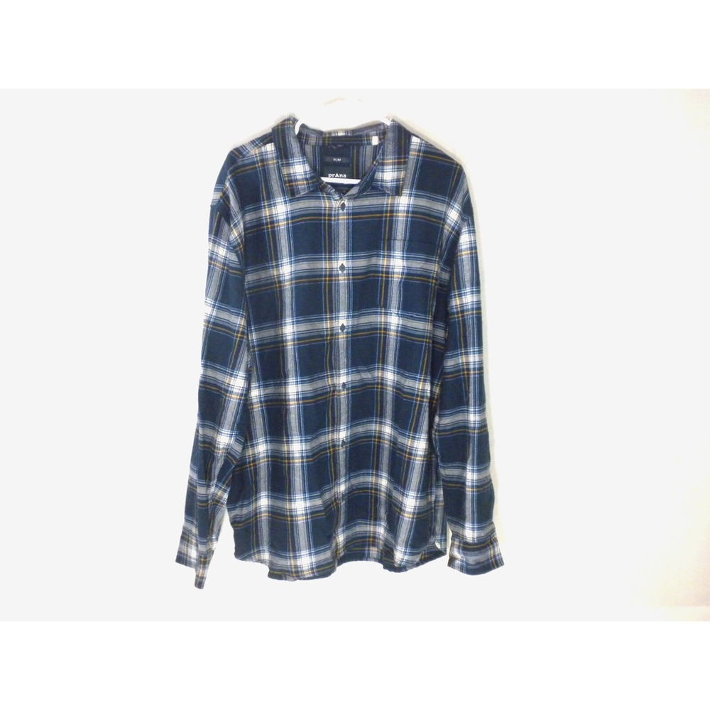 Prana Shirt Mens XXL Blue Los Feliz Flannel Slim Fit Plaid Button Up Mid Weight‎ - Picture 2 of 13